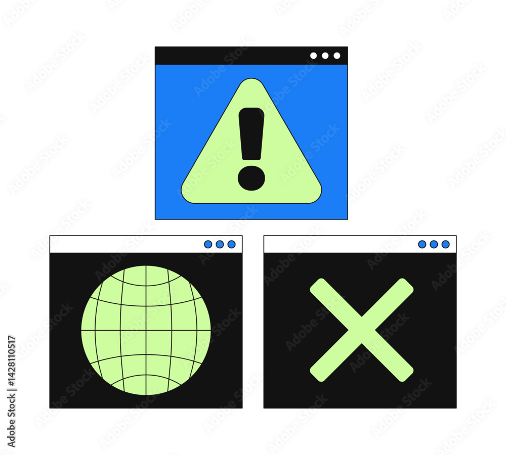 Poster web alert interface 2d cartoon objects set. error message. global network browser windows. online wa