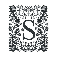 Vector abstract linocut floral poster template with letter. Modern trendy minimal style. Black and white colors. Botanical blockprint for wallpaper, wall decor, print, postcard, cover, template.