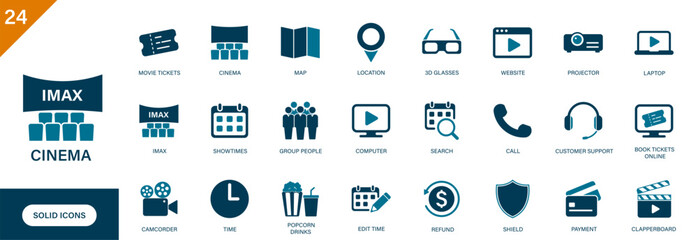 Cinema icon. Containing movie tickets, IMAX theater, 3d glasses, popcorn, contact, payment. Solid vector icon set.