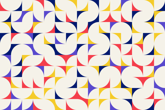 Abstract geometric background, brutalism style geometry elements in random order and colors, seamless vector geo pattern, simple flat style shapes