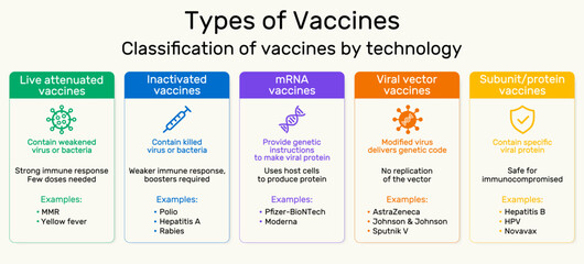 Types of vaccines infographic. Classification by technology. Live attenuated, inactivated, mRNA, viral vector and subunit vaccines