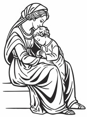 Tender Mother and Child A Black and White Line Art Illustration