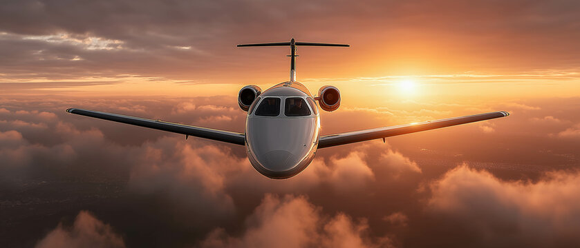 Soaring Heights: A sleek private jet gracefully ascends through a breathtaking sunset sky, its silhouette contrasting against the vibrant hues, suggesting ambition and journeys. - Powered by Adobe