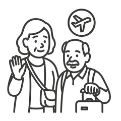 Elderly couple traveling together, smiling, preparing for a trip, vector  