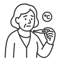Obraz premium Elderly woman measuring temperature with a worried expression 