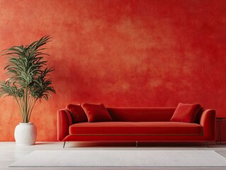 Obraz premium Red Velvet Sofa in a Red Textured Room with White Rug and Plant