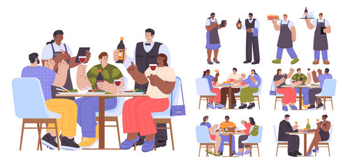 People at restaurant Hand Drawn flat icons with illustration