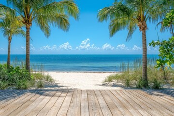 Wooden floor with a tropical beach background, palm trees, white sand, and a blue sky, perfect for summer vacation and travel concepts.