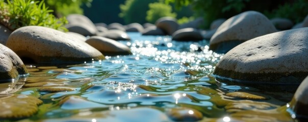 Light shell lime stones embedded in a riverbed, water features, river landscape, light shell lime natural stone background