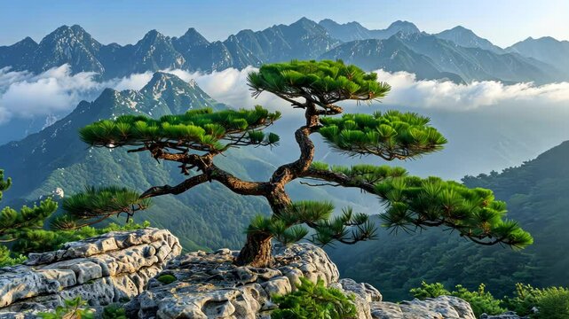 Lonely pine tree growing on rocky cliff with majestic mountain range and clouds in the background.