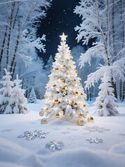 snow covered christmas trees at night