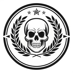 Monochrome Skull Emblem with Laurel Wreath and Stars