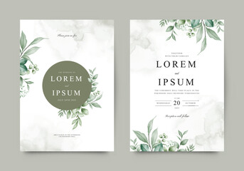 Elegant double sided wedding invitation template set with watercolor greenery