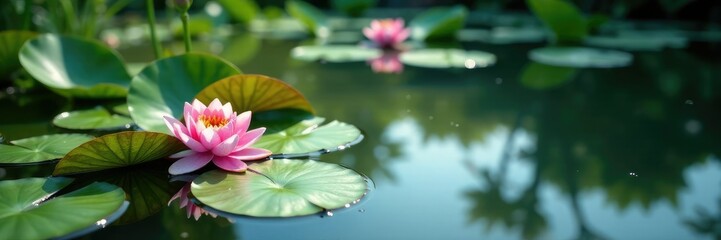 Lily pads and water lilies adorn a peaceful pond surface, lake, calm, clear