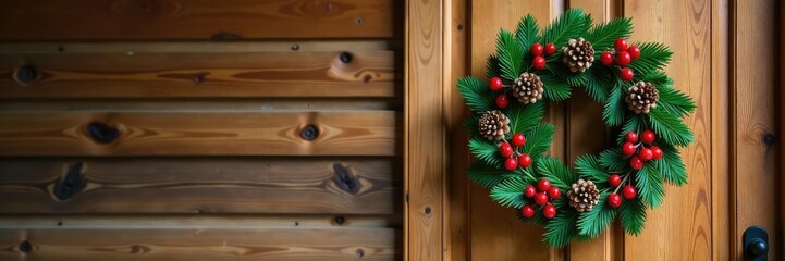 Pinecone-covered wooden wreath on a wooden door, pinecones wooden wreaths doors pine decorations holiday, evergreen, wreaths