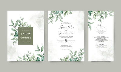 Three-sided wedding invitation template set with elegant greenery