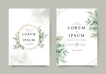 Elegant wedding invitation template with gold geometric frame arranged in green plants