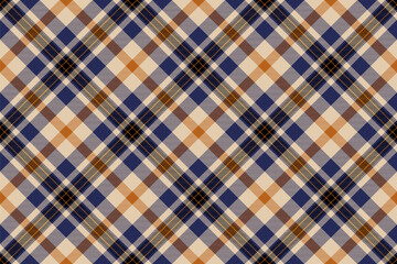 Elegant diagonal plaid pattern in muted blues, oranges, and browns.  Perfect for textile design, apparel, or website backgrounds. This seamless texture offers a sophisticated, timeless aesthetic.