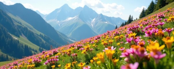 Fototapeta premium Pink and yellow blooms cascade down Mont Blanc's slopes, yellow, alps, nature