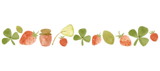 Strawberries Watercolor Border – Farm Elements – Cute Nursery Illustration for Kids. Perfect for kids’ designs. Transparent Background. 