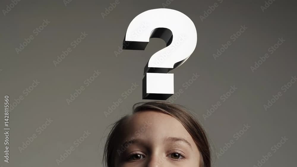 Poster young girl surrounded by floating question marks, symbolizing mental process of curiosity, uncertain