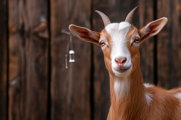 Fototapeta premium Goat playing with wind chimes hanging on barn wall 