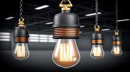 Obraz premium Industrial-style pendant lights illuminate a dark space