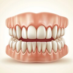 Obraz premium A white background serves as the setting for a full set of acrylic dentures, which have a pink base and white teeth bearing minor stains and signs of aging