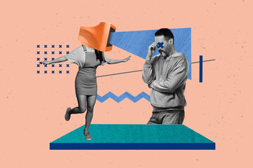 Creative full artwork collage of two girl guy stand together business partners beam influence...