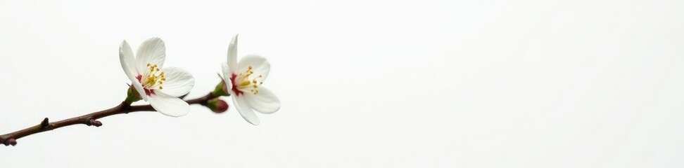 Fototapeta premium Single branch with small white flowers against a clean white background, bloom, pure, branch