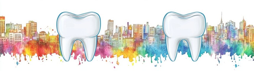 Against a vibrant watercolor backdrop, two teeth are silhouetted in black