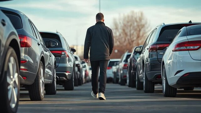 Potential customer walking in car dealership parking lot choosing new car for purchase, examining various models on display before making decision
