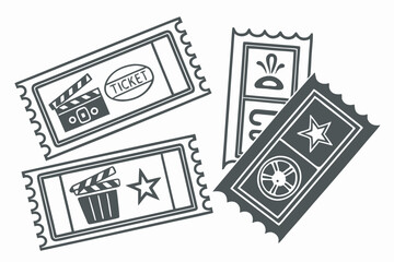 Black and white illustration of movie tickets featuring clapperboards stars and film reels