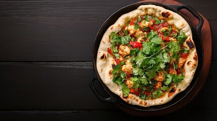Delicious Chicken Tandoori Pizza with Fresh Herbs on Wooden Table