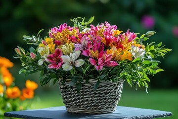 Vibrant alstroemeria blossoms in a woven basket.