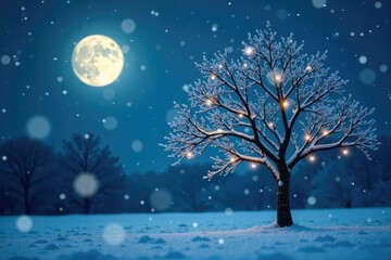 Snowflakes gently falling on a bare winter tree, calm, moonlight, serene