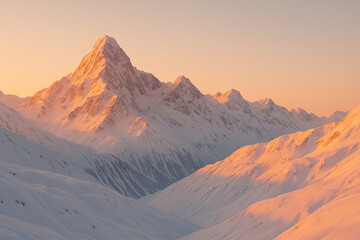 A breathtaking mountain landscape at sunset, showcasing snow-covered peaks and serene valleys illuminated by soft, warm light.