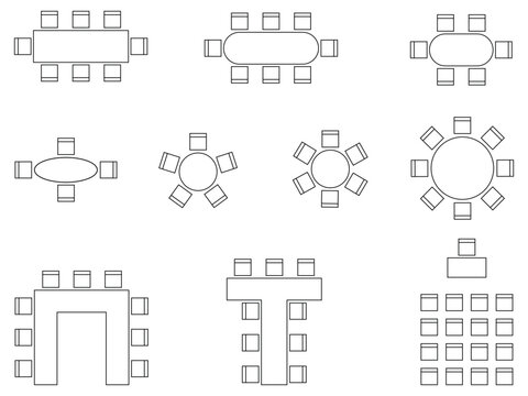 seat plan, chairs and tables symbol, scheme architectural plan for office, home, restaurant, customizable stroke, vector