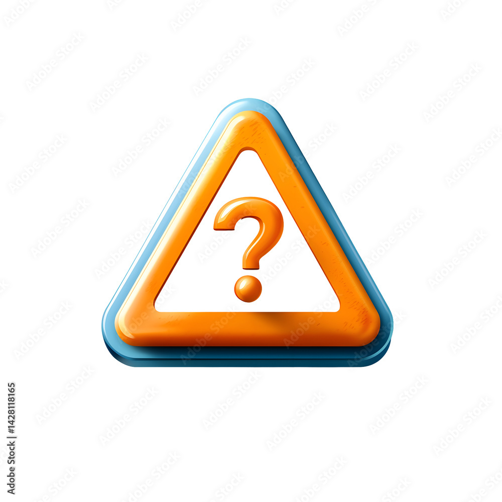 Poster an orange and blue triangular shape containing a question mark symbol representing uncertainty curio