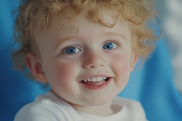 A kid boy's smiling mouth or teeth, isolated on blue, symbolize cosmetic services related to dental hygiene or cleaning
