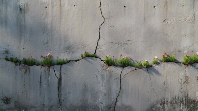 
Time-lapse of vegetation and flowers growing from a crack in a worn concrete wall