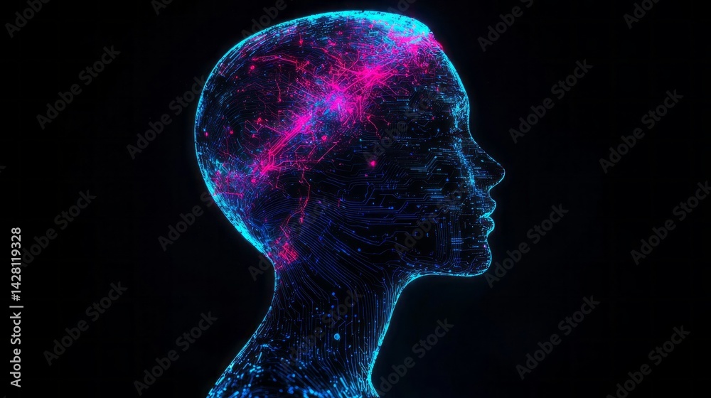Poster A stunning futuristic robot stands against a dark backdrop, showcasing glowing circuitry patterns that pulse with life