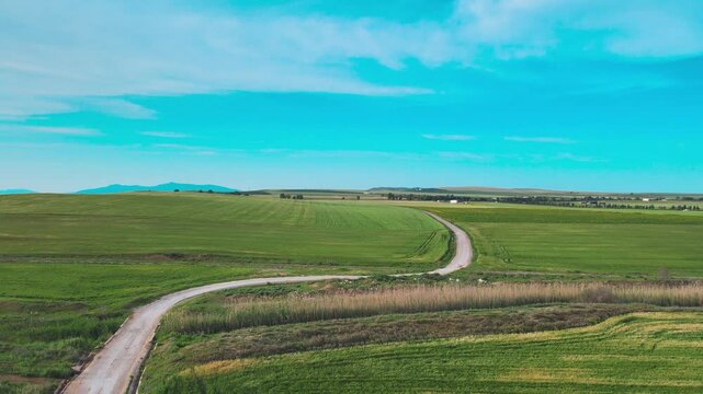 Scenic view of a dirt road winding through vibrant green fields under a clear blue sky.