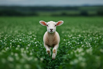 Fototapeta premium Lamb hopping through field of clover, full of life