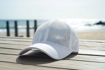 White mesh baseball cap with curved brim positioned on wooden deck near ocean view, suitable for summer product mockups and sports branding