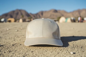 Beige cotton baseball cap on desert sand with blurred mountains and tents in background under clear blue sky