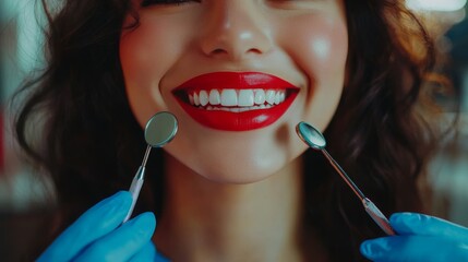 A woman with bright red lips is grasping a mirror and dental instruments, embodying confidence and self-care through her oral hygiene routine and smile maintenance