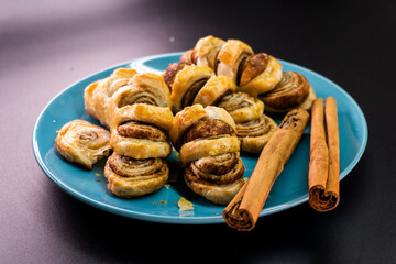 Puff pastry cinnamon rolls. Pastry dessert. food