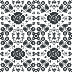 Vector seamless pattern linocut floral. Modern trendy minimal style. Black and white colors. Botanical blockprint. Hand drawn design for wallpaper, wall decor, print, postcard, cover, template.