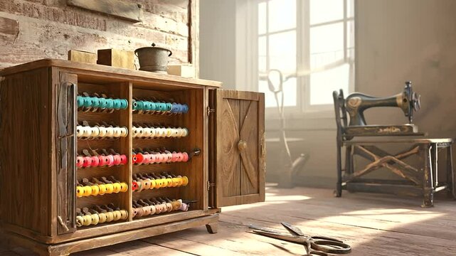 1_A cozy sewing cabinet open with colorful thread spools, scissors glinting in a warm afternoon light